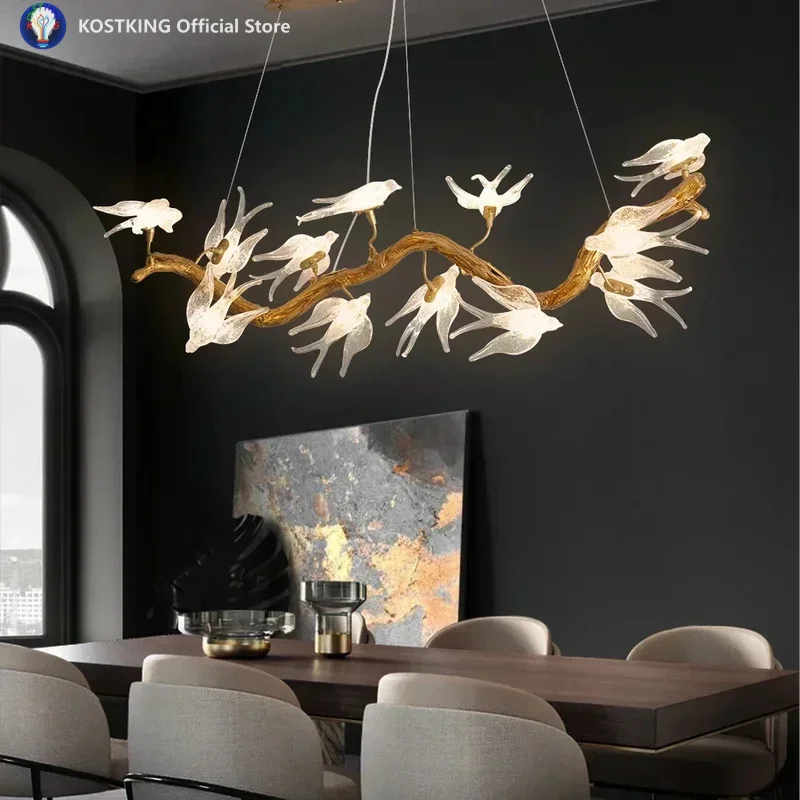 

Modern Glass Bird Lamps Crystal Led Lights Pure Copper Luxury Retro Living Dining Room Decoration Hanging Branching Chandeliers