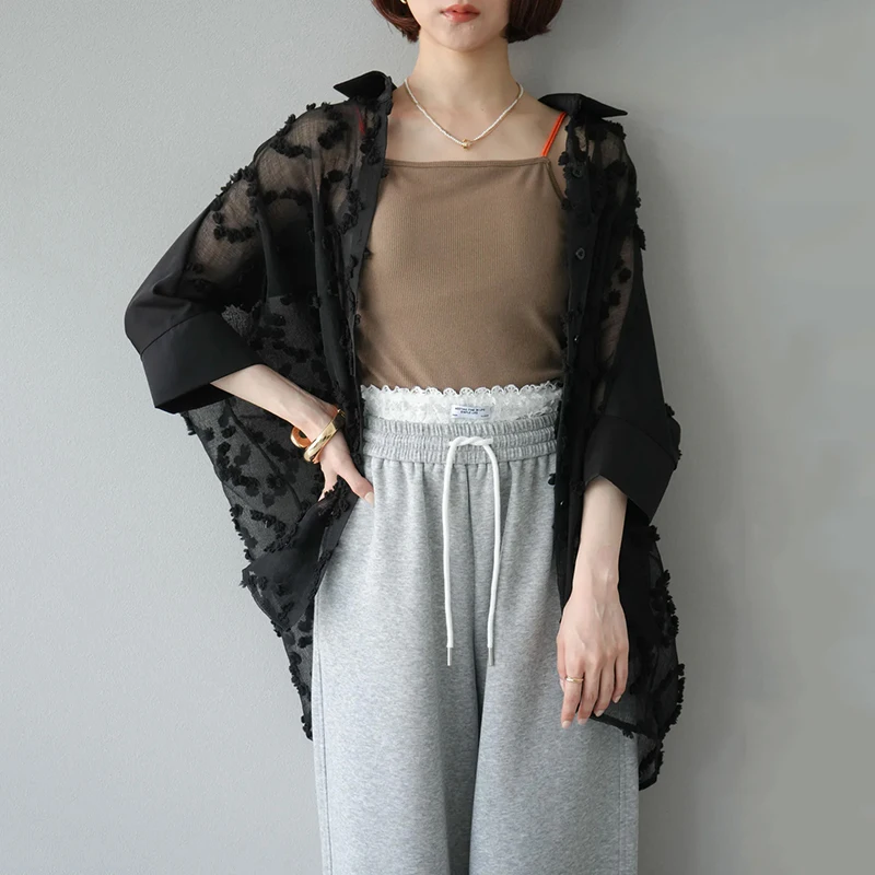 Embroidered Hollow Out Focking White Black Shirt Fashion Kimono Loose Casual Tops Blouse Women Outfits Half Sleeve Buttons Shirt