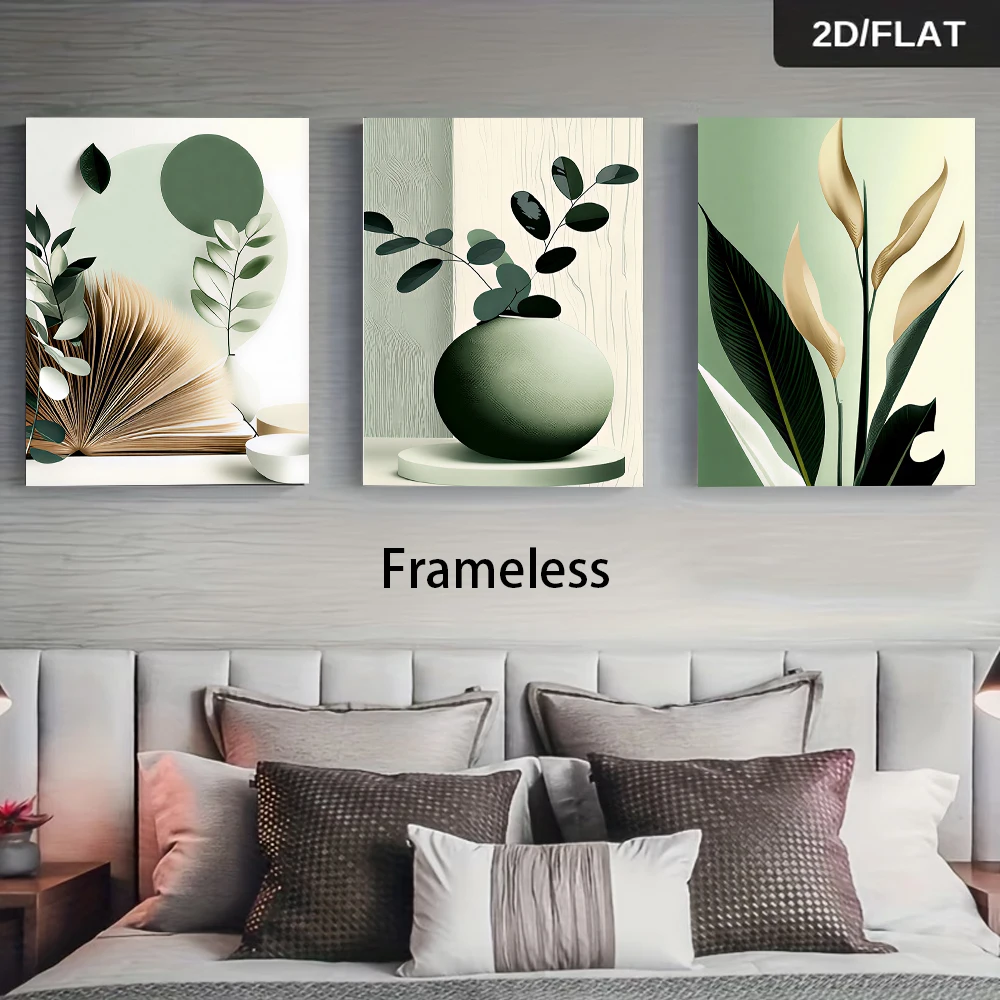 3PCS Frameless,1 set of three-panel frameless decorative paintings, modern minimalist green plant and flower art paintings, 2D f