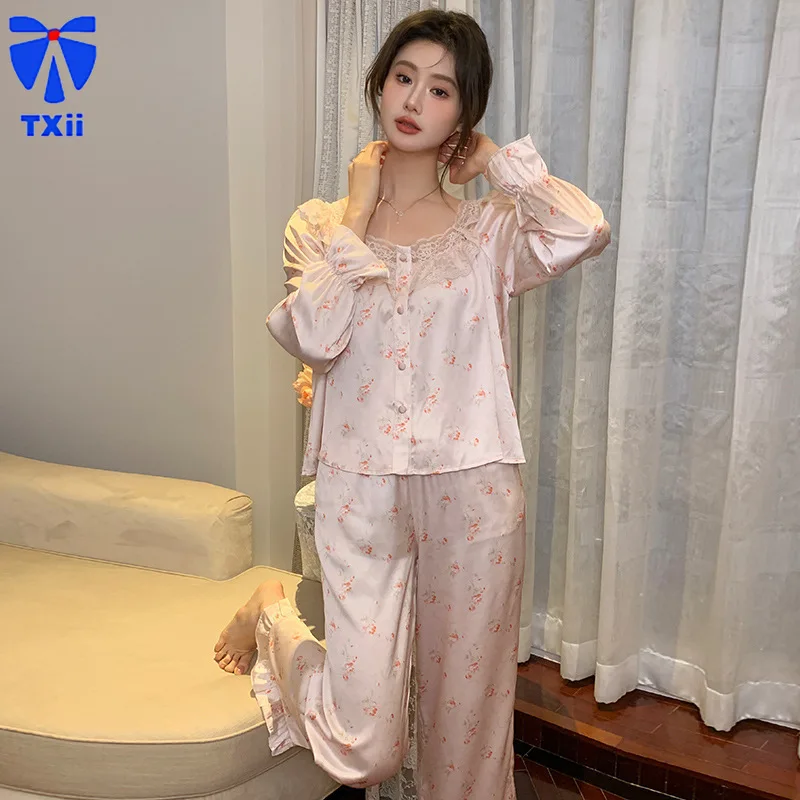 

TXii Newlook Ice Silk Pajamas Women's Autumn Long Sleeve Trousers Cardigan suit 2024 Autumn New Home Clothes Loose Lace Thin