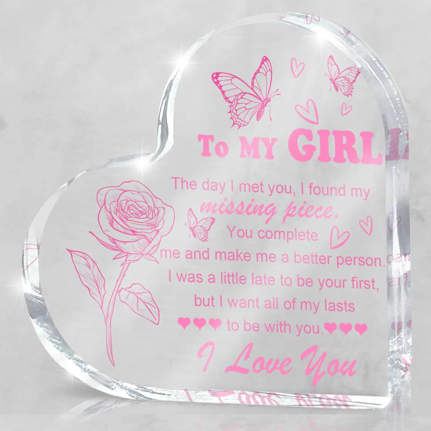 Sweet Couple Confession Clear Acrylic Heart Plaque, Pink Line Rose Butterfly Sentimental Love Message Table Present
