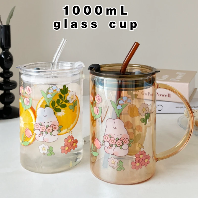 Taza de cristal de conejito con tapa, vaso Kawaii con pajita para café, leche, cerveza, vino, vasos grandes para beber agua, vaso de jugo, regalo para beber, 1000ml