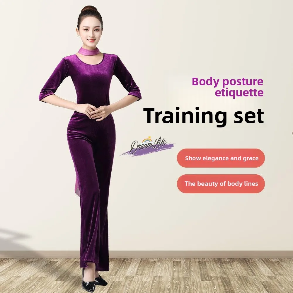 

Ele Velvet Training Suit Set for Women Thiened Autumn Winter Sle Gymnastics Dancewear Form Fit Clothing Ensemble