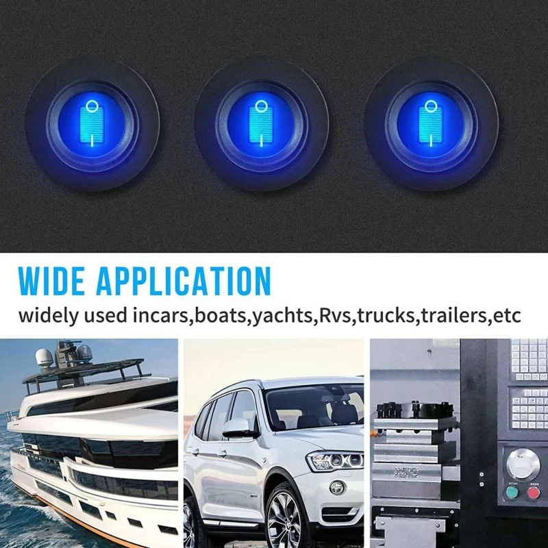 12V 20A Waterproof Rocker Switch Blue LED Lighted Round ON Off 3 Pin 12 Volt Weatherproof for Marine Car RV Truck