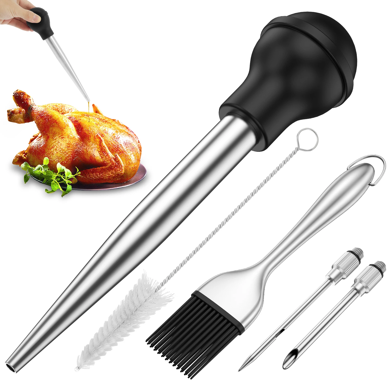 Turkey Baster Stainless Steel Turkey Baster Syringe Bulb Detachable Turkey Baster Injector Set Reusable Meat Injector Set