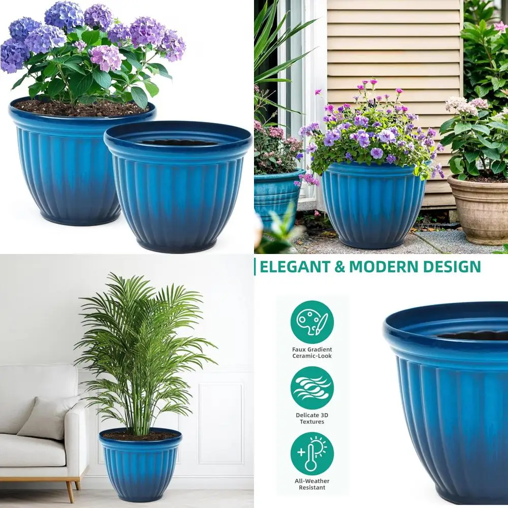 

15" h large flower pots, set of 2 plastic planters for outdoor plants with gradient blue finish and 3d textures, weather-resista