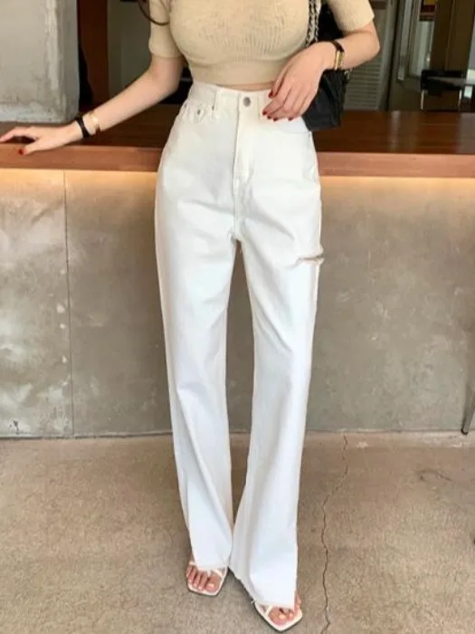 

Шикарные широкие джинсы с высокой талией на одной пуговице, длинные брюки, летние универсальные потертые джинсы с разрезом, повседневные уличные женские джинсы