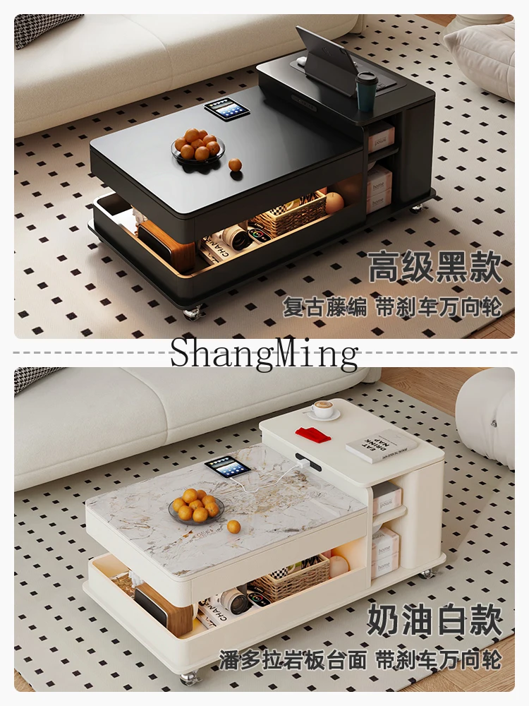 

CL modern simple wheel lifting folding round small apartment tea cream style beige round table coffee table living room home