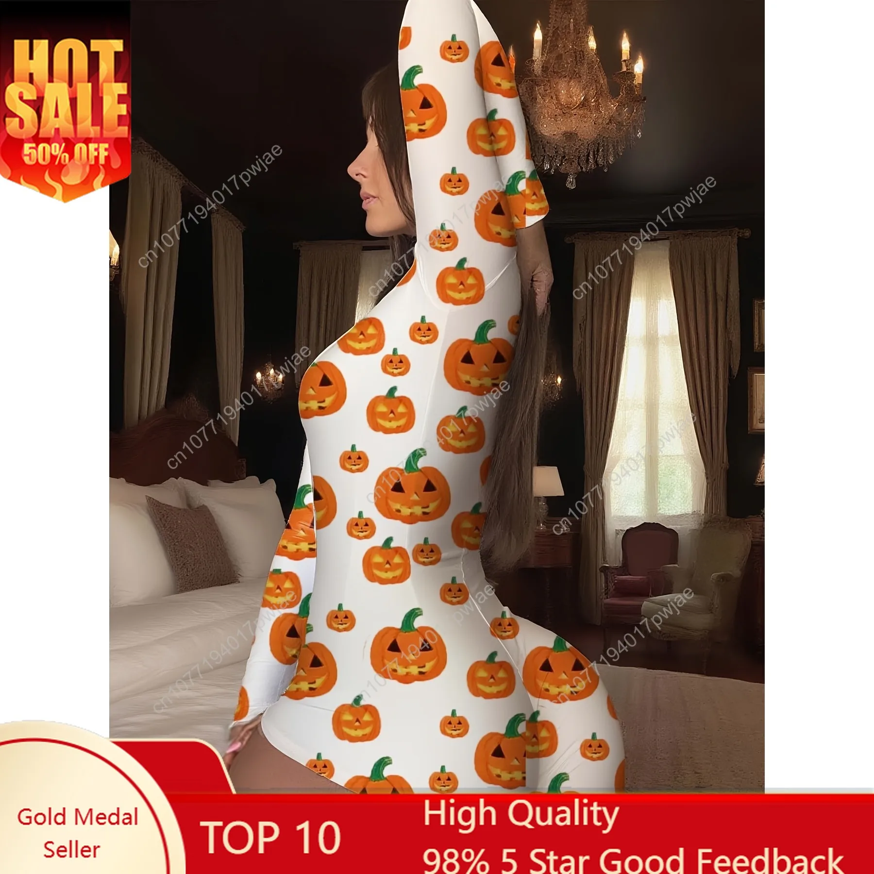 

Women's Halloween Pumpkin Print Deep V-Neck Long Sleeve Onesie , Sexy All-Season Romper with Jack-O'-Lantern Design , Cozy Loung