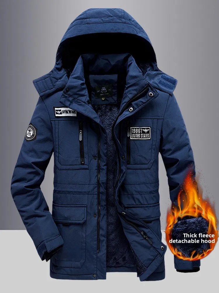 

Утепленная хлопковая куртка с флисовой подкладкой для мужчин, зимняя ветрозащитная куртка для альпинизма со съемным капюшоном, большой размер, многофункциональная, с карманами.