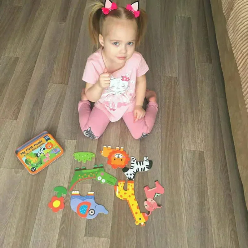 Iron Box 3D Wooden Puzzle Cartoon Animal Traffic Educational Toy Montessori Early Learning Jigsaw Gift For Baby Toddler Children