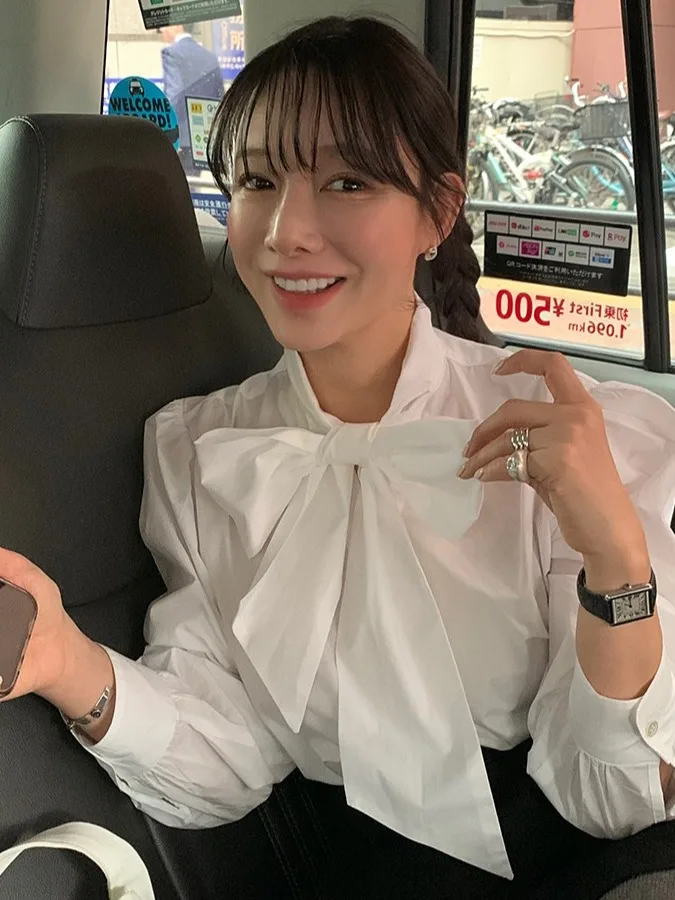 

Korean Sle Knot Tie irt Women's Gentle Bubble Sve Top Early Autumn New Sle Elegance White irt