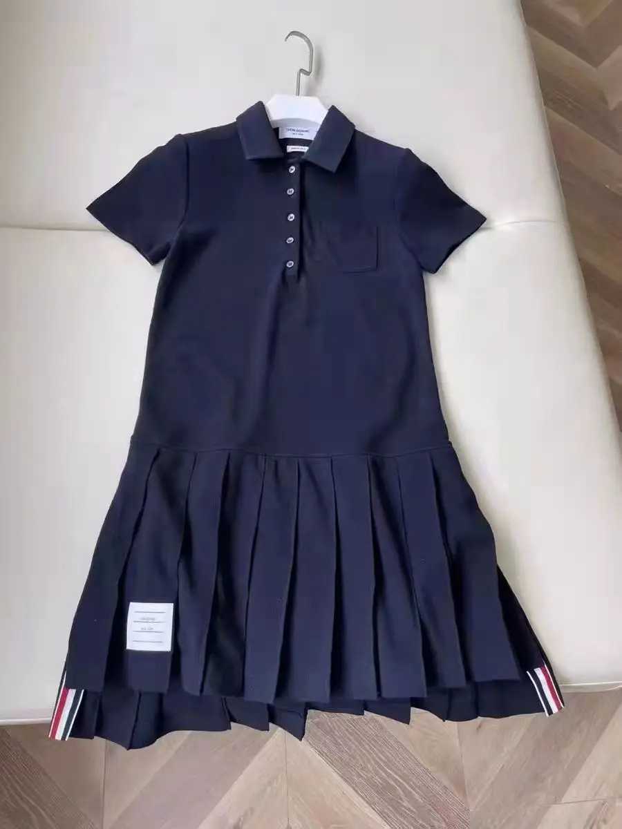 2022 Summer New Fashion Sweet Style Polo Pleated Dress Solid Color Slim Short-sleeved Skirt Women Casual Stripe Webbing Dresses