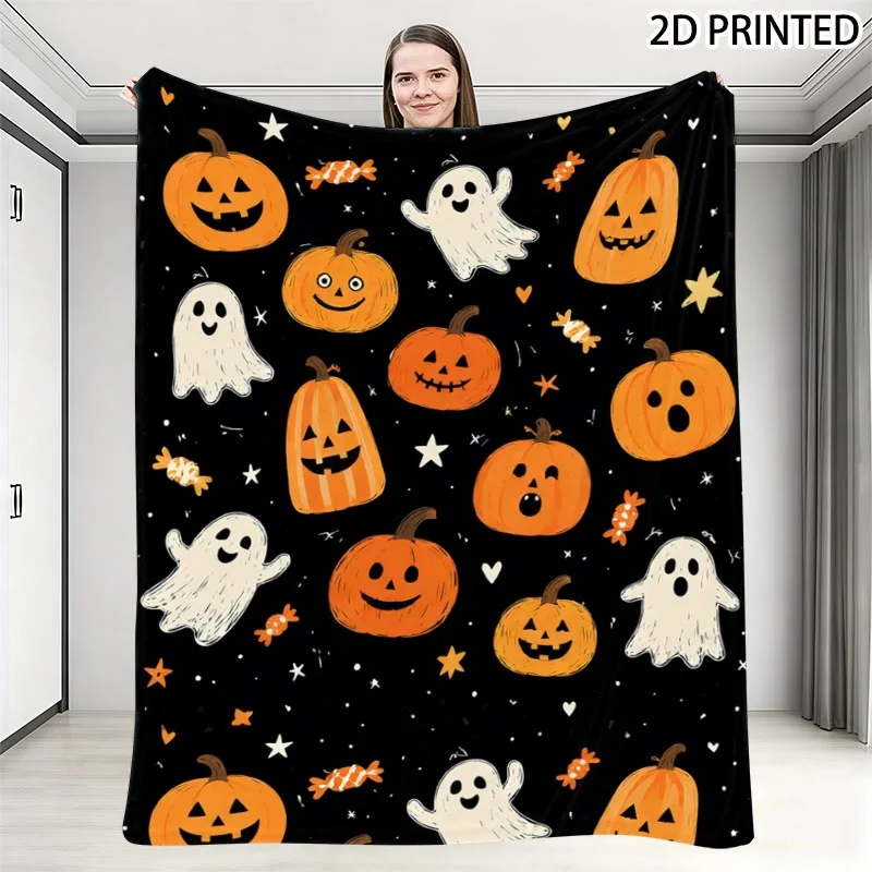 Playful Halloween Themed Throw Blanket with Carved Pumpkin, Cartoon, Striped Candy & Star Pattern, Multiple Specifications Avail