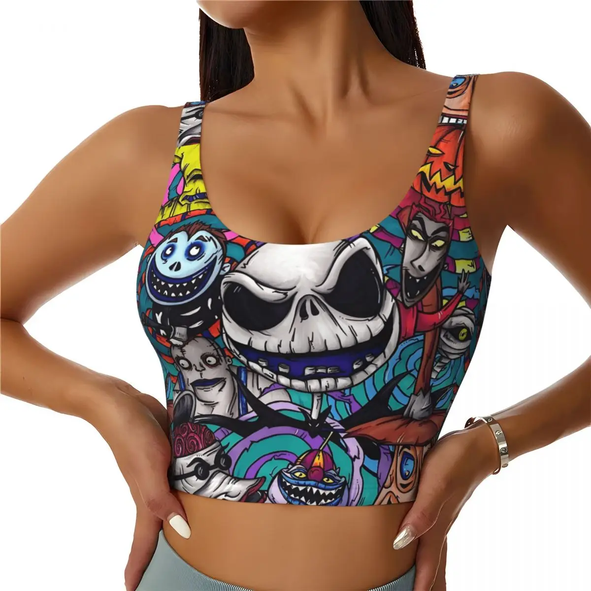 

Женские спортивные бюстгальтеры с героями мультфильмов «Кошмар перед Рождеством», фантастические ударопрочные укороченные топы на бретелях для тренировок в тренажерном зале и бега