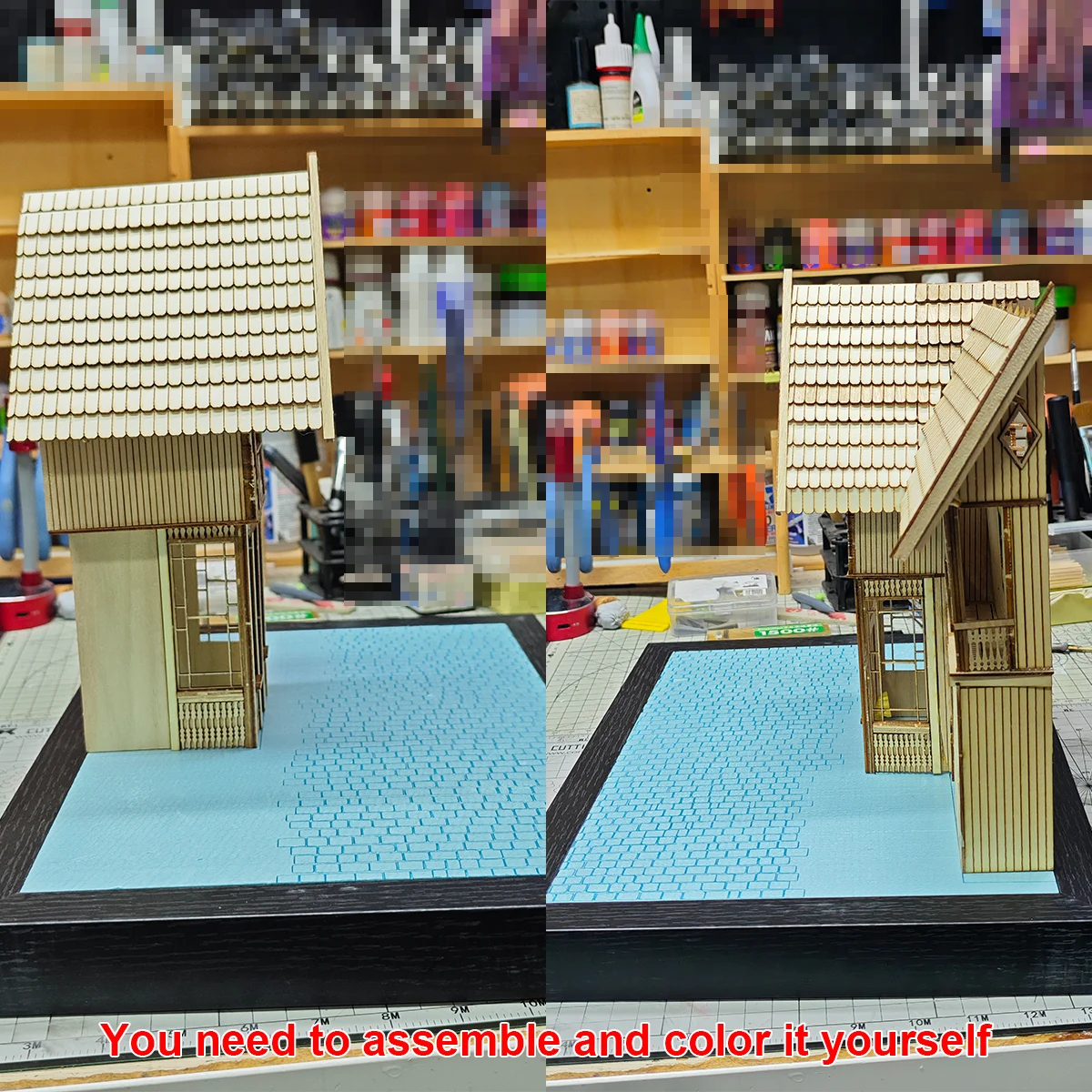 Architektonisches Gebäudemodell zum Zusammenbauen, Holzhaus-Diorama, Modellbausatz im Maßstab 1:35, Panzer, Holz-Display-Basis, Auto-Ausstellungsständer 1/35 – Detail 4