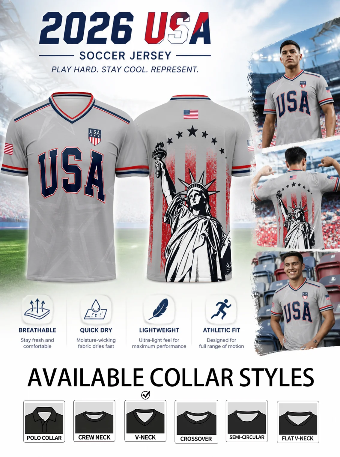 Men's USA national team football shirt, big USA letter print, lightweight comfy material