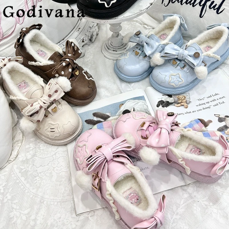 

Original Design Lolita Flat Shoes Autumn Winter New Japanese Style Girls Women Cute Bowknot Plush Thickened Kawaii Pumps 2025