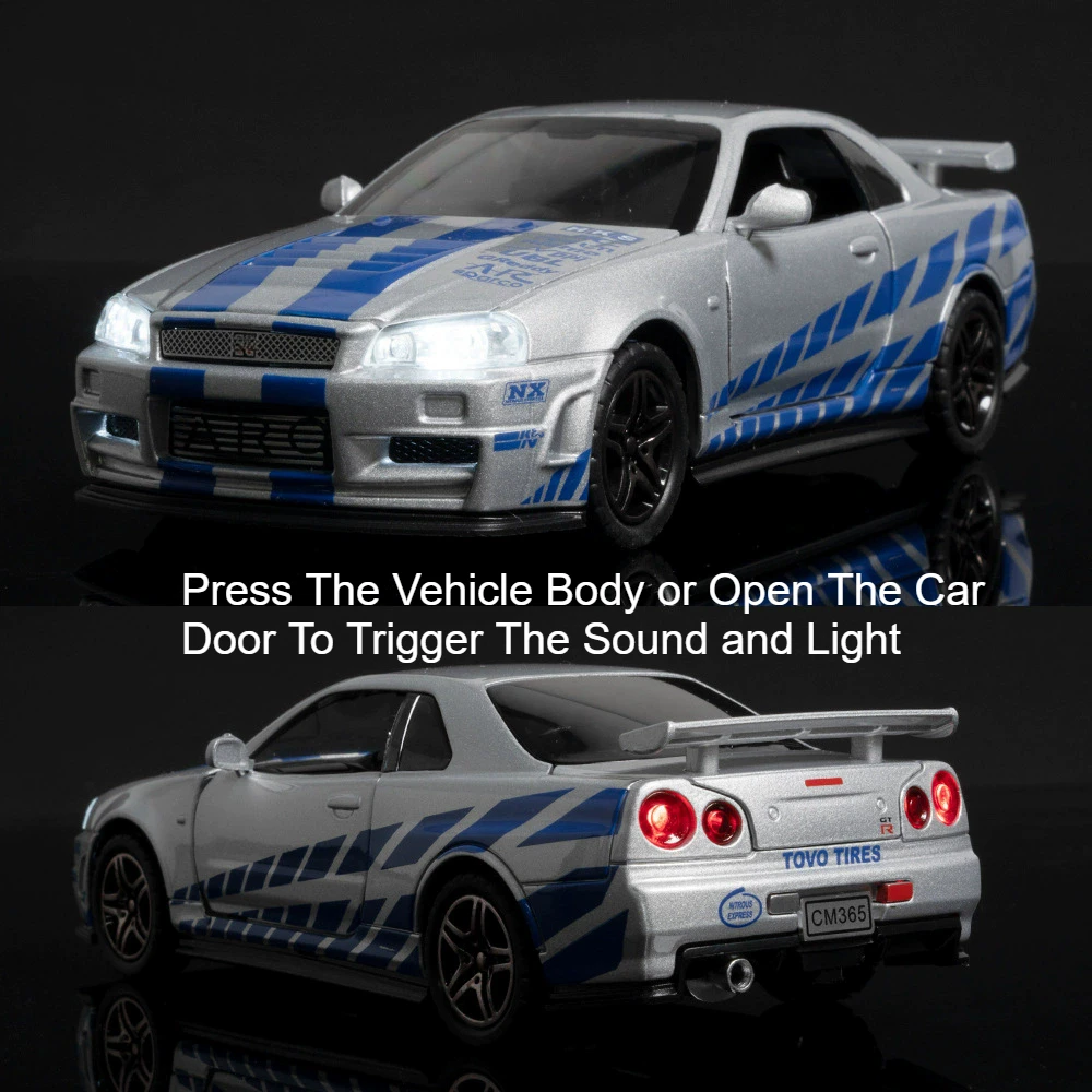 รถโมเดลของเล่น GTR R34 R35 ขนาด 1:32 ประตูเปิดได้ มีเสียง มีไฟ แบบดึงหลัง ผลิตจากโลหะ ของเล่นจำลองรถยนต์ ของขวัญสำหรับเด็ก