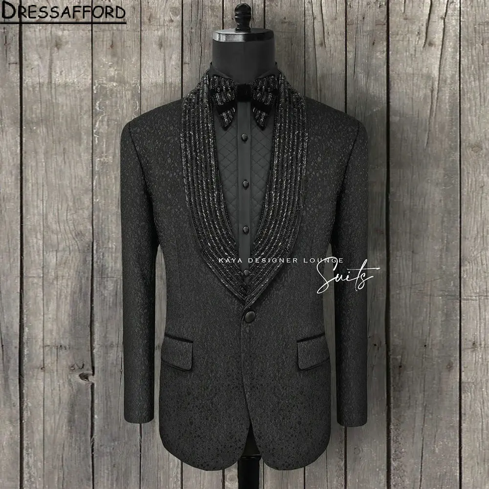 

Black Beading Crystal Men Suits Jacquard Weave Groom Wedding Tuxedos 2 Pieces Sets Dinner Prom Blazers Terno Masculino Completo