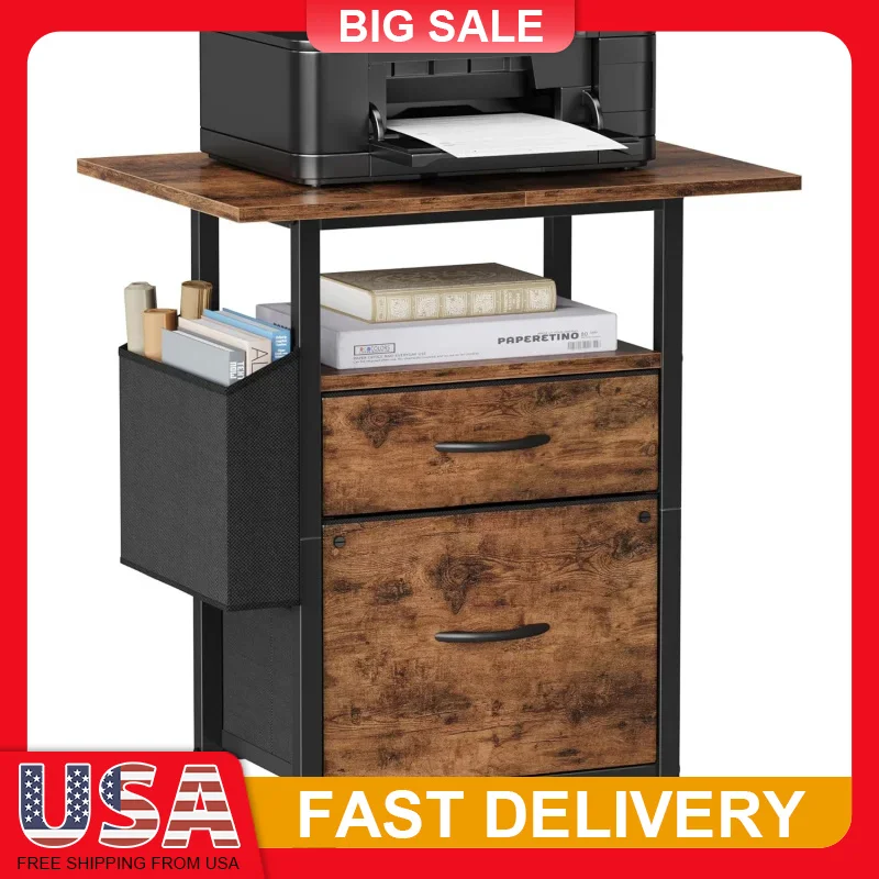

2 Drawer Rolling File Cabinet with 24 Inch Extended Desktop Mobile Storage Organizer with Side Bag for Printer Home Office