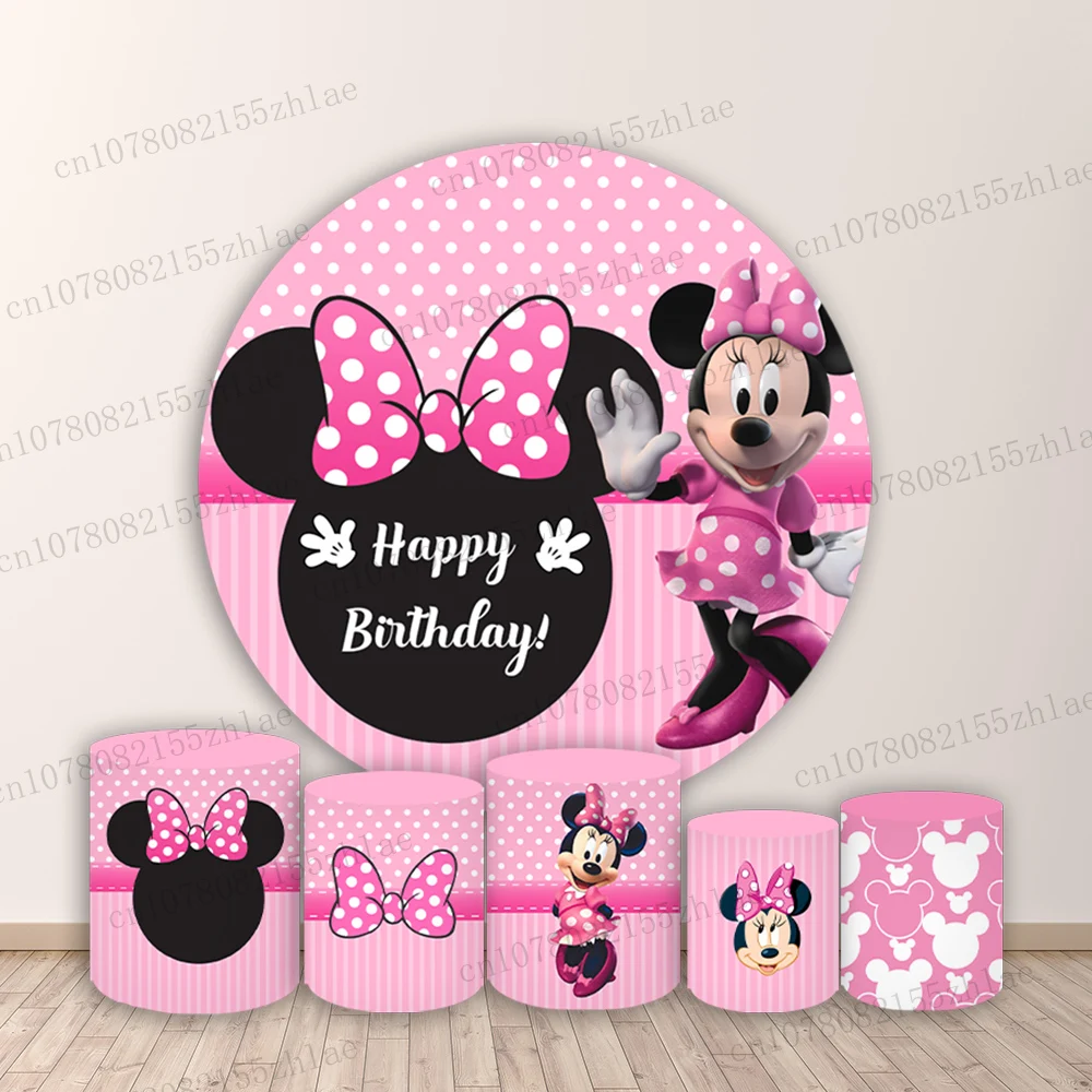 

Minnie and Mickey Birthday party Photo Backdrop Baby Shower Photography Backdrop Round&Cylinders Plinth Covers Photo Background