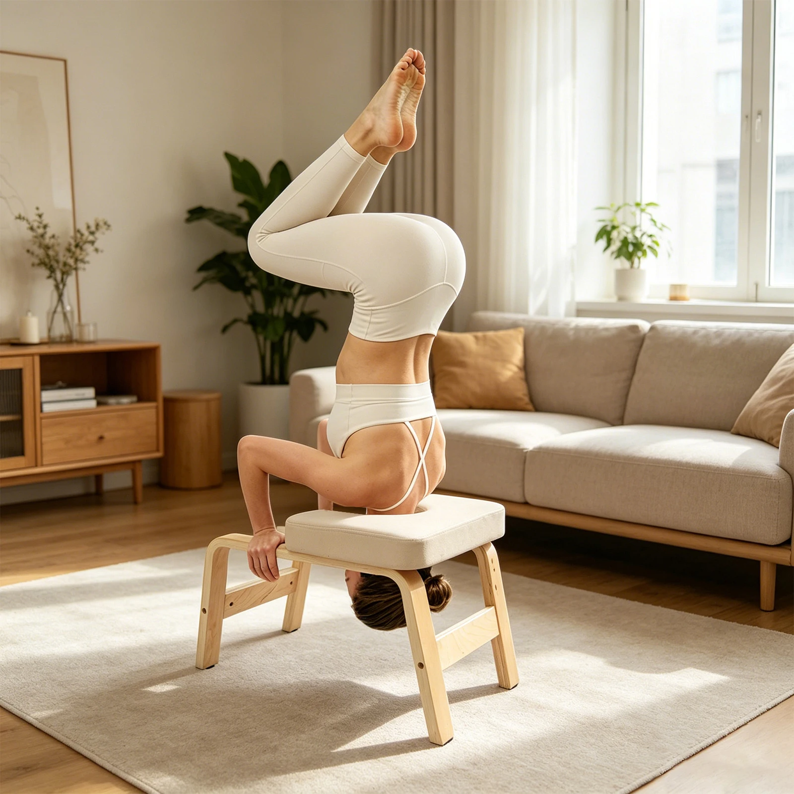 Yoga-Kopfstützenhocker mit 440 LBS Tragkraft, Inversionsstuhl mit PU-Polsterung aus Massivholz, Rutschfeste Kopfstützenbank für Inversionsübungen zu Hause, im Fitnessraum oder im Studio – Detail 13