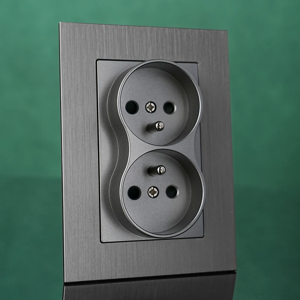 

European standard aluminum brushed panel double French socket 16A wall socket 250V