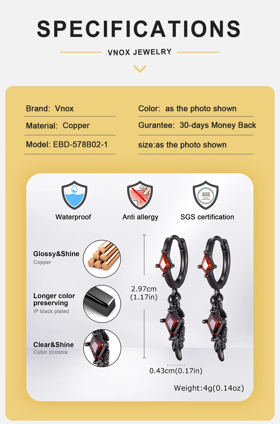 Vnox Gothic Flügel-Hängeohrringe für Männer, Kupfer-Feder-Rhombus Rot Klarer Zirkon Huggie-Ohrringe Punk Hip-Hop Schmuck Geschenk – Detail 4