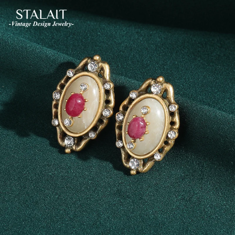Vintage Classical Flowers Earrings Pink Stone Dripping Oil Horse Eyes Antique Jewelry for Women Gold Color Luxury Korean Fashion