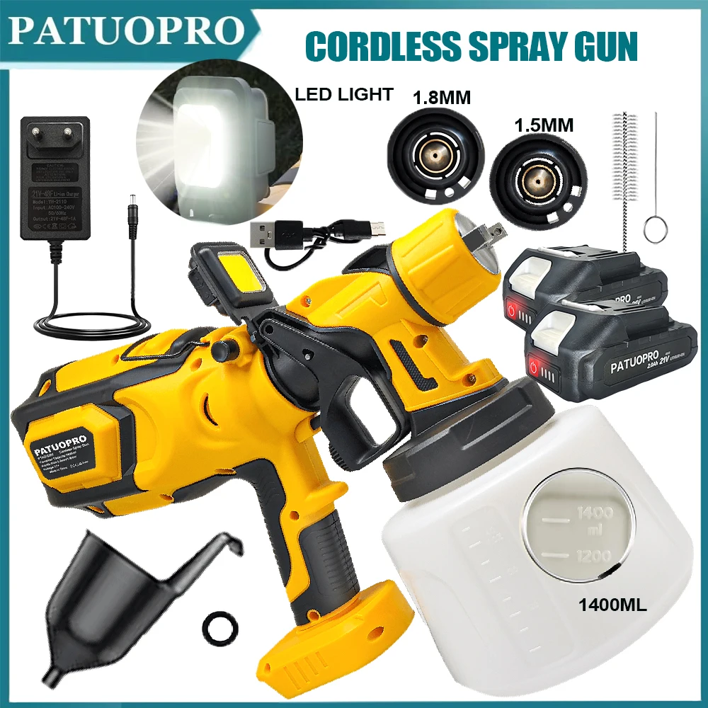 HVLP مسدس رش كهربائي لاسلكي 1400 مللي بخاخ طلاء أوتوماتيكي مع مصباح ليد طلاء الأثاث البخاخة لبطارية ماكيتا 18 فولت
