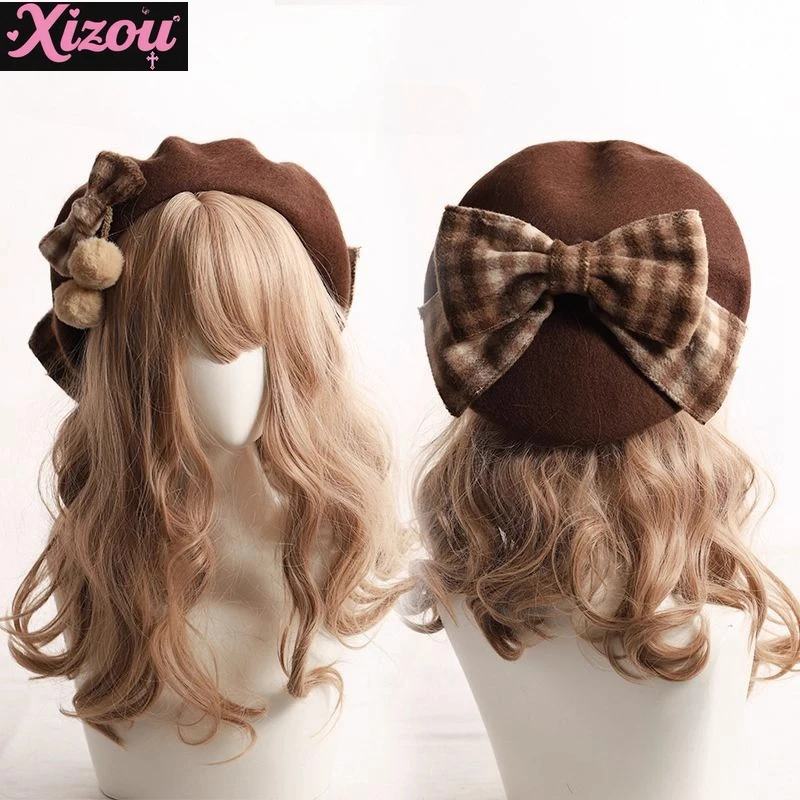 Sweetheart girl Japanese sweet cute  winter khaki caramel beret lolita British fashion retro big bow plaid painter hat woman