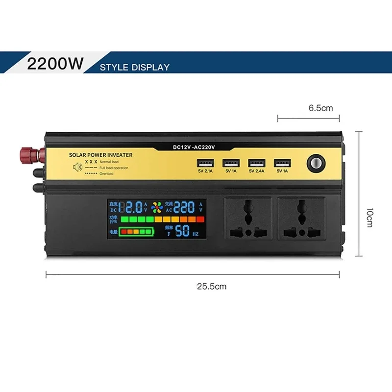 Inversor de corriente de 2200W, transformador de cc 12V 24V a CA 220V, 50Hz, carga de enchufe Universal USB, pantalla LED, inversor de onda sinusoidal modificada