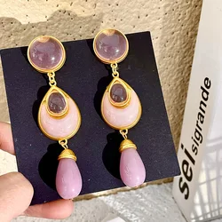 women antique pink crystal contrasting color earrings retro water drop dangle earrings