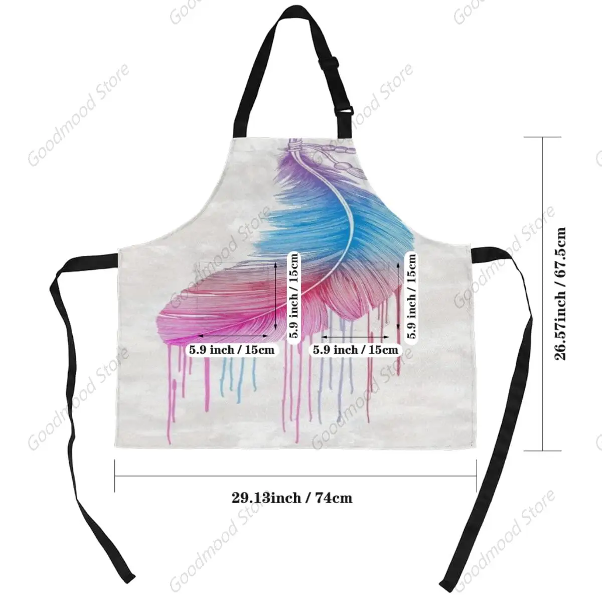 Adjustable Bib Apron Unisex Artistic Colored Feather Waterproof Chef with 2 Pockets Long Waist Tie for Kitchen Cooking Crafting