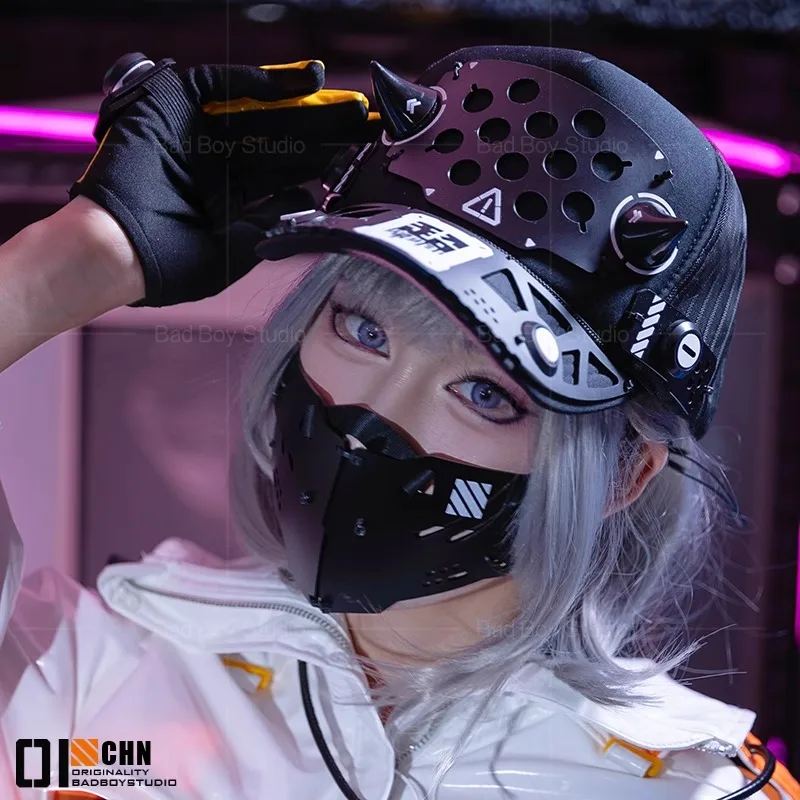 Cyberpunk Cosplay Cappello tattico Donna Berretto da baseball Hip Hop Maschera meccanica per fantascienza Accessori per costumi di festival musicali di Halloween