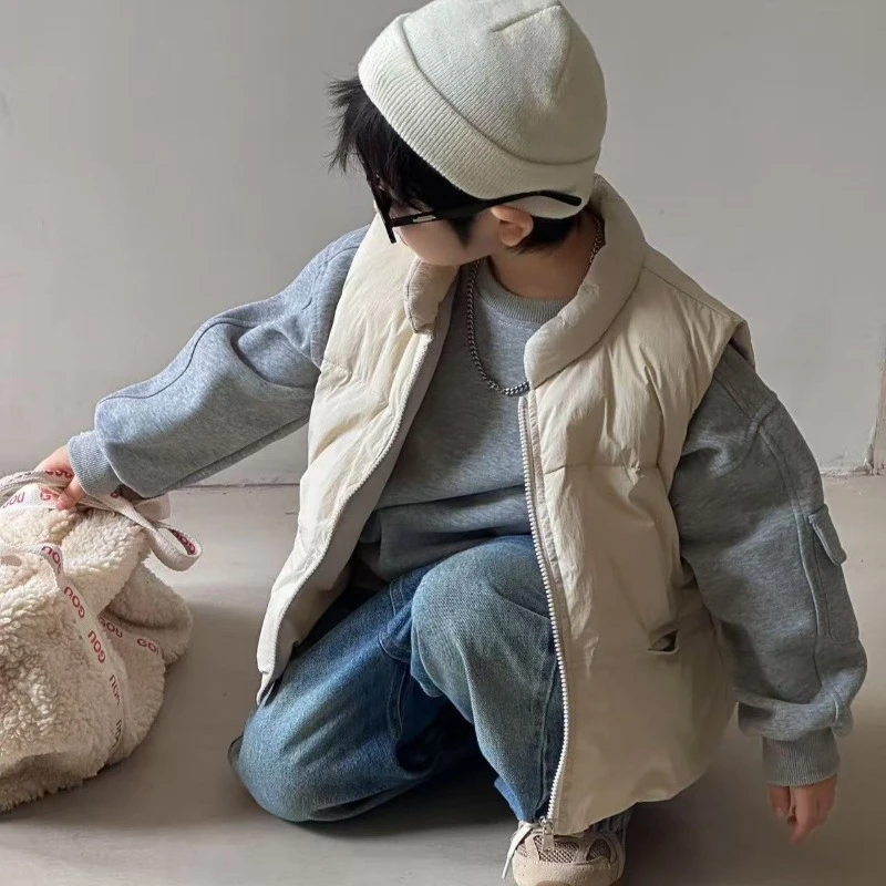 

Autumn Winter Kids Unisex Collared Down Vest Warmth Outerwear Korean Style for Medium Large Kids