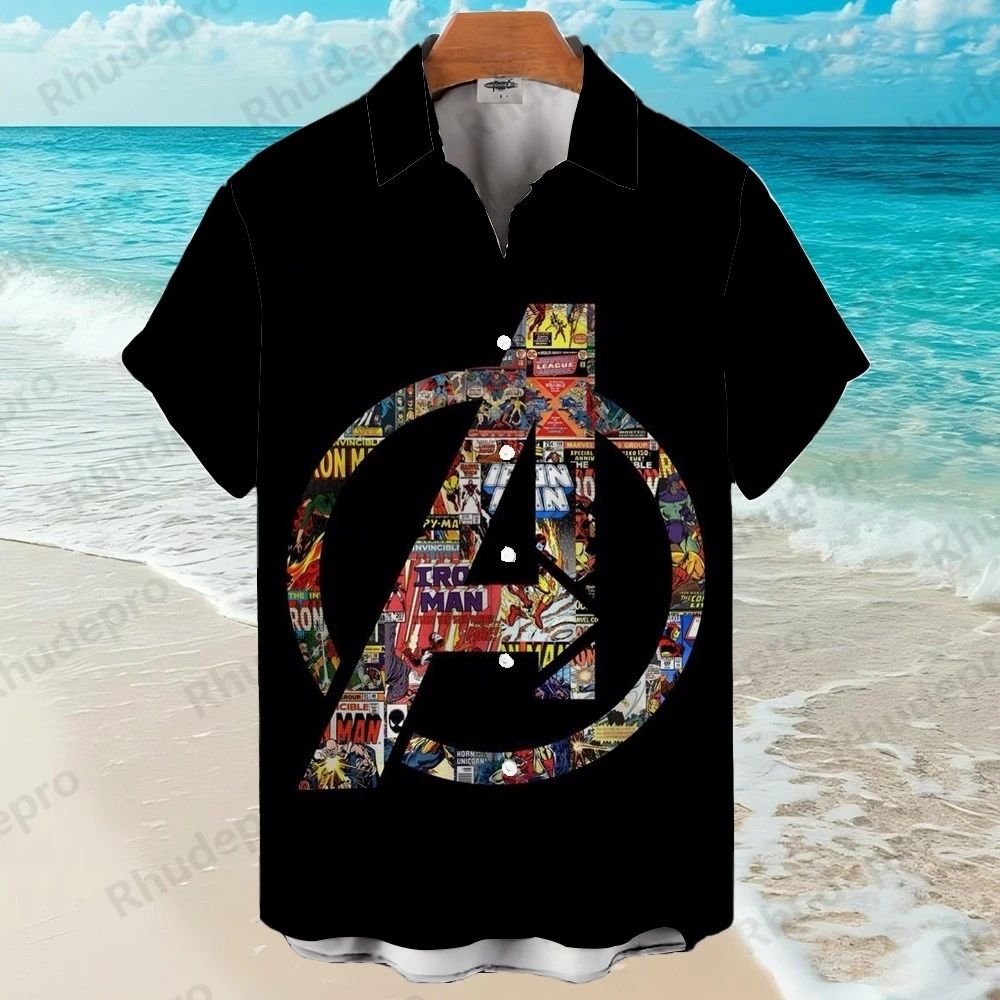 

Disney 2025 The Avengers Cartoon Summer Superhero Men's Short Sleeve Funny Print Casual Hawaiian Shirts Lapel Tops Shirts Loose