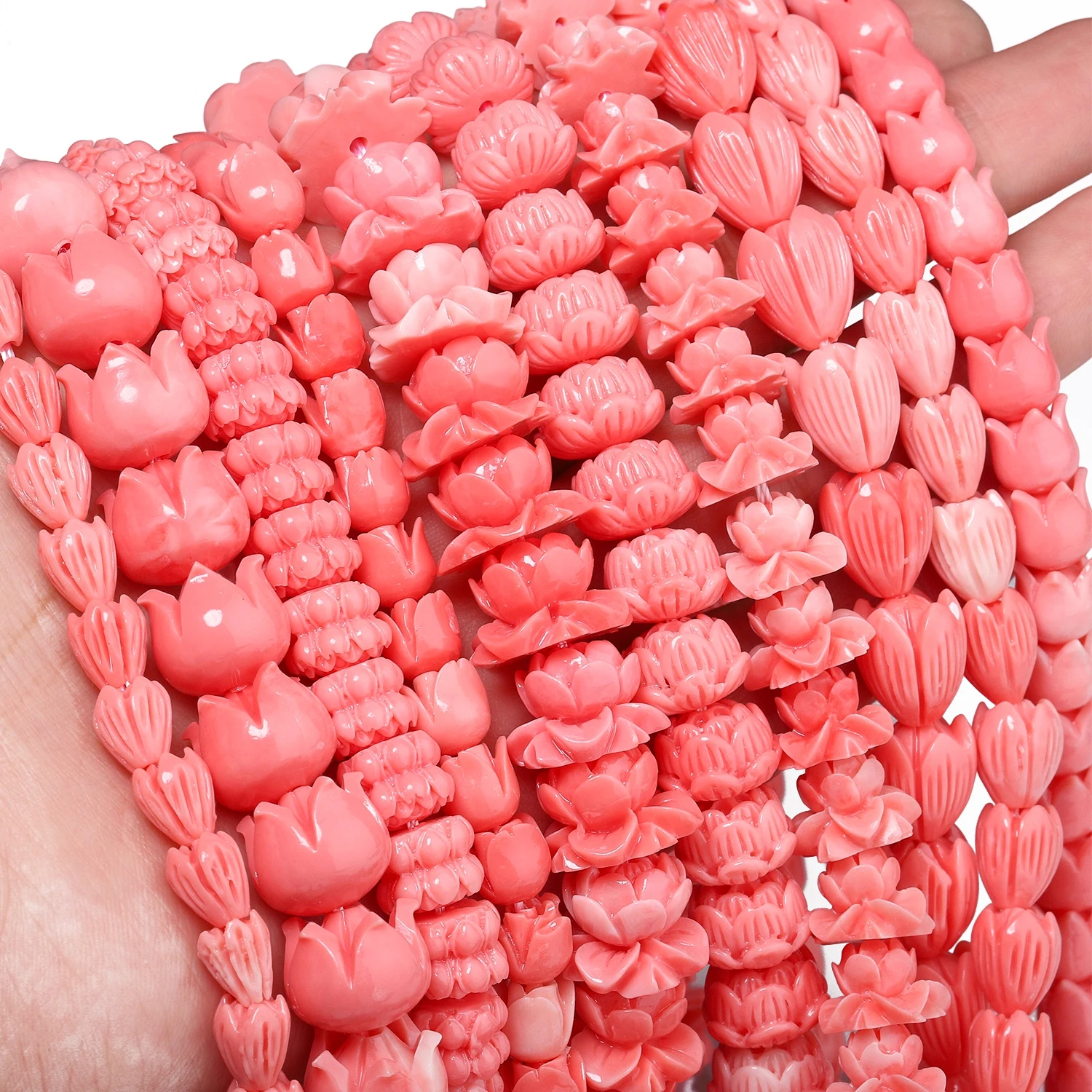 Pink Carved Shell Powder Beads Lotus Tulip Trumpet Flower Charms Loose Beads for Handmade Jewelry Making DIY Bracelets Accessory