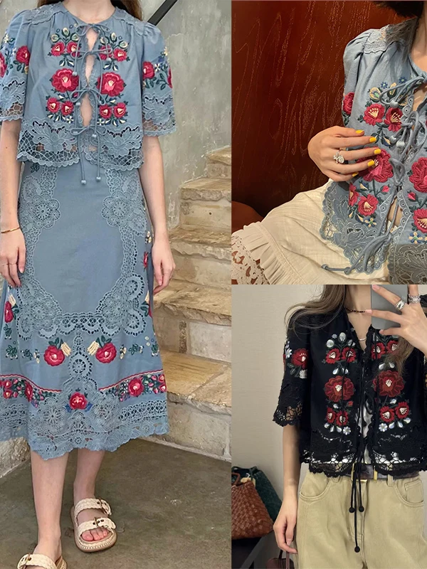 

Retro Style Embroidered Belted Lace Trim round Neck Short Sleeve Top French Style Straight Cut Plant Floral Pattern Cotton Li...