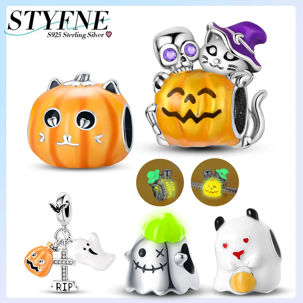 925er Silber vergoldet, Original-Charms, Halloween, leuchtende Serie, Geister-Kürbis-Perlen, passend für Armbänder, Damenschmuck, Geschenk