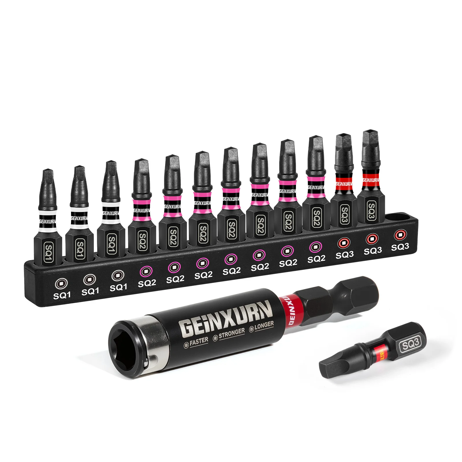 

Geinxurn Impact Square Screwdriver Bits Set(SQ1/2/3), 1” Magnetic S2 Steel Bits Set and Impact Bit Holder with Color Coded Base