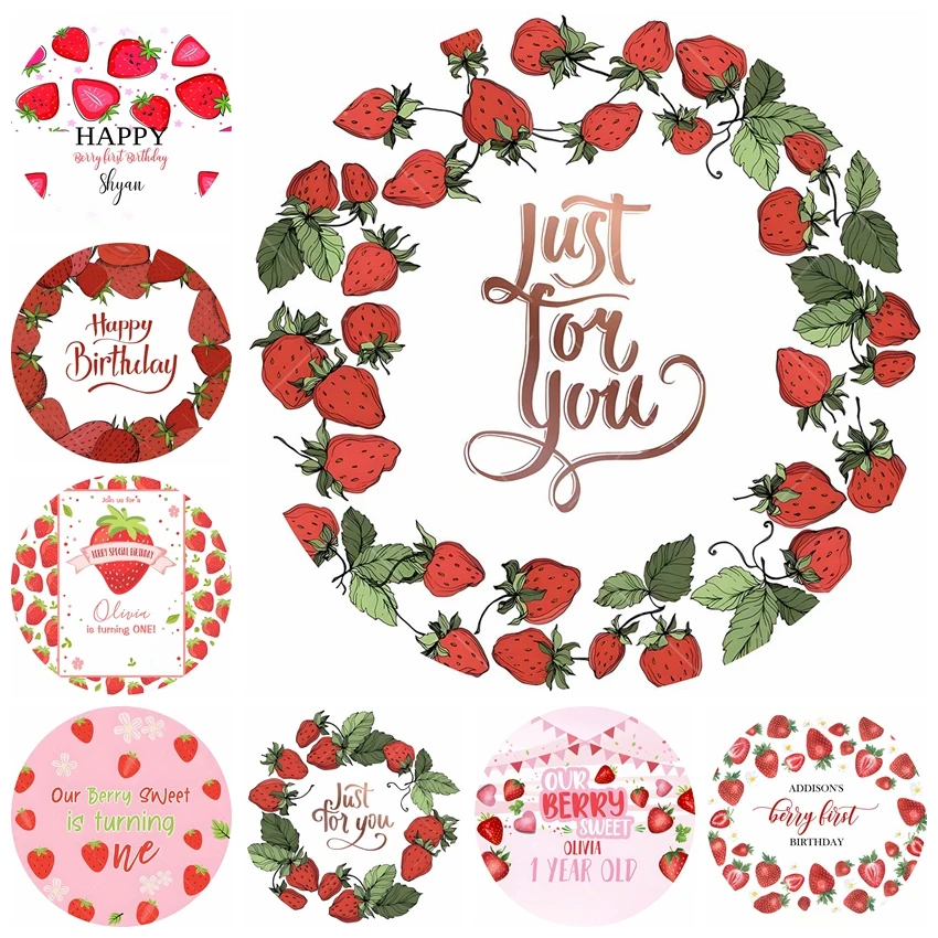 

Round Strawberry Backdrops Newborn Baby Shower Kids 1st Birthday Party Sweet Fruit Decoration Background Photography Studio Prop