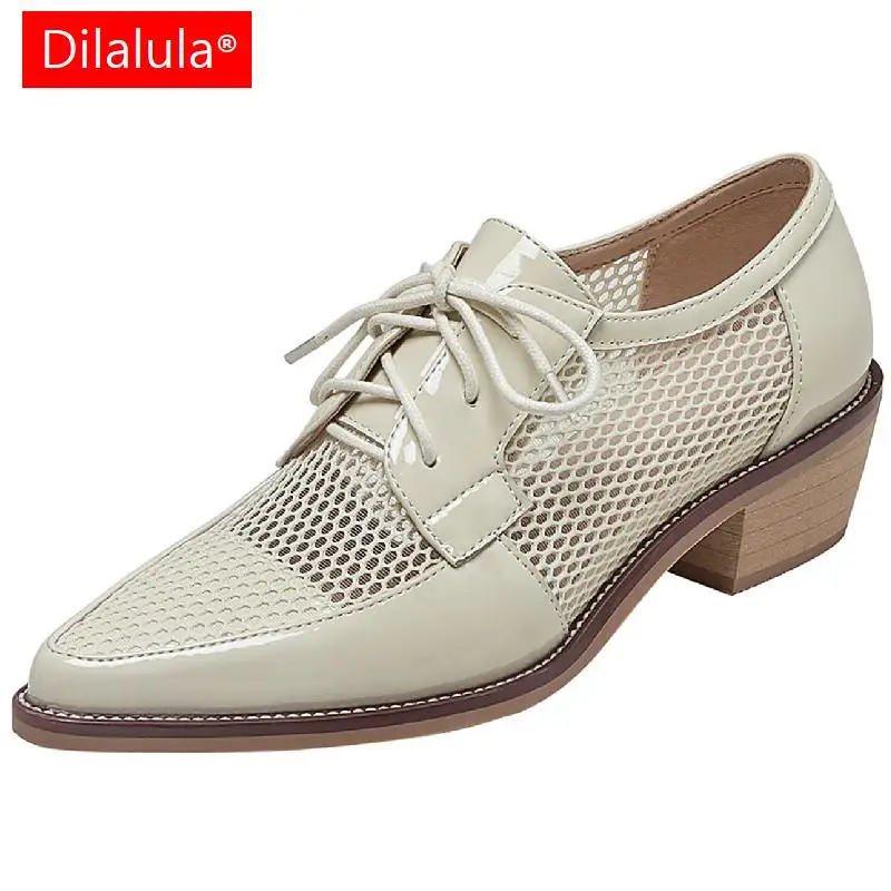 Dilalulaฤดูใบไม้ผลิฤดูร้อนของแท้หนังตาข่ายปั๊มผู้หญิงPointed Toe Lace Up Medหนารองเท้าส้นสูงBreathableสุภาพสตรีรองเท้า 2024