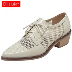 Dilalula Spring Summer Genuine Leather Mesh Pumps Women Pointed Toe Lace Up Med Thick Heels Breathable Office Ladies Shoes 2025