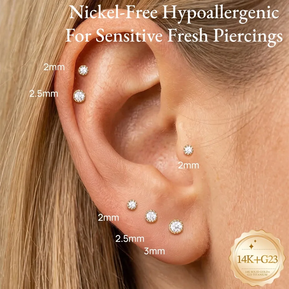 DIeSchein 14K Solid Gold Piercing Earrings for Women Classic Weeding Flat Back Stud Earrings for Helix Tragus Daith Piercings