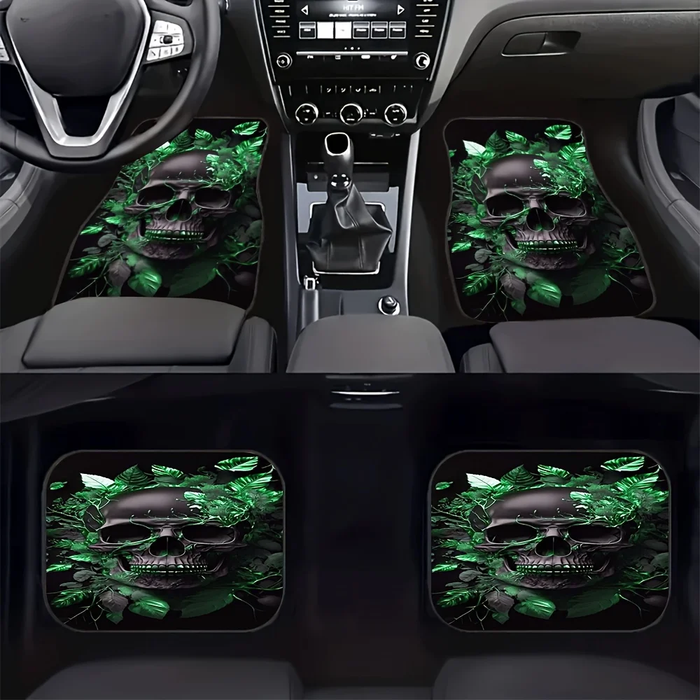 

4pcs Dark Green Leaf Skull Car Mats - Universal Non-Slip & Dustproof Floor Mats With Mystical Plant & Skull Design, Durable Poly