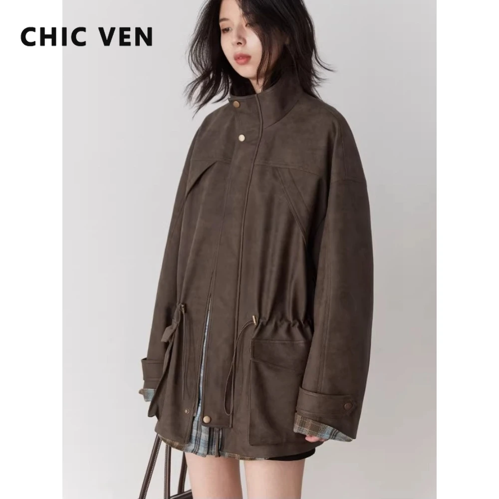 CHIC VEN Modische Damenjacke Locker Lässig Stehkragen Mittellange Damenmantel mit Kordelzug Damen-Oberbekleidung Herbst Winter 2026