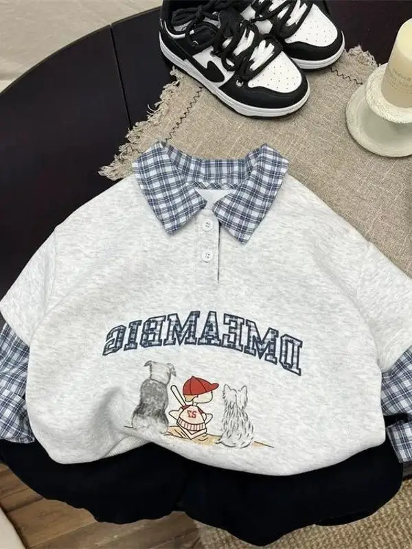 

Baby Boy Spring Autumn Plaid Patchwork Loose Hoodie Fake Two-Piece Set Casual Sle Cartoon Print Comfortable Kids Wear
