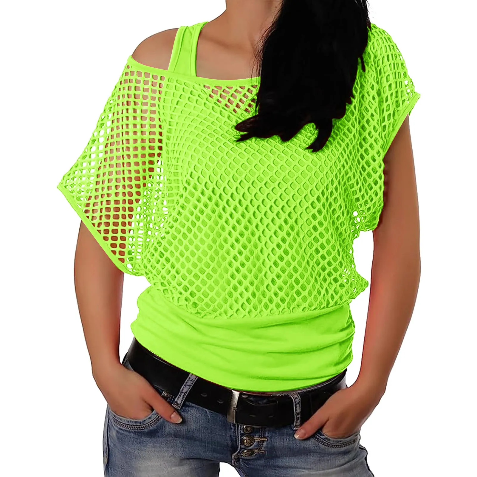 Womens 80s T Shirts Vintage Neon Fishnet Mesh Top Off Shoulder Tops For Women Party Ball Short Sleeve Two Piece T Shirt Hot Pink